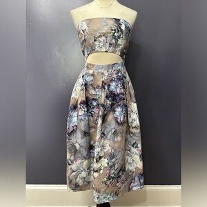 ASOS Cut Out Floral Strapless Bridal Shower Garden Party Midi Dress EUC Size 8